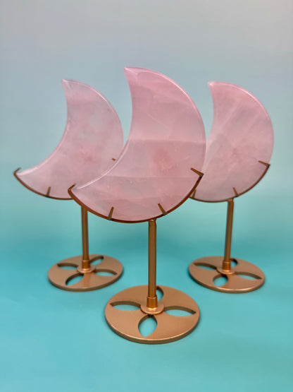 1 pink rose quartz moon on gold stand