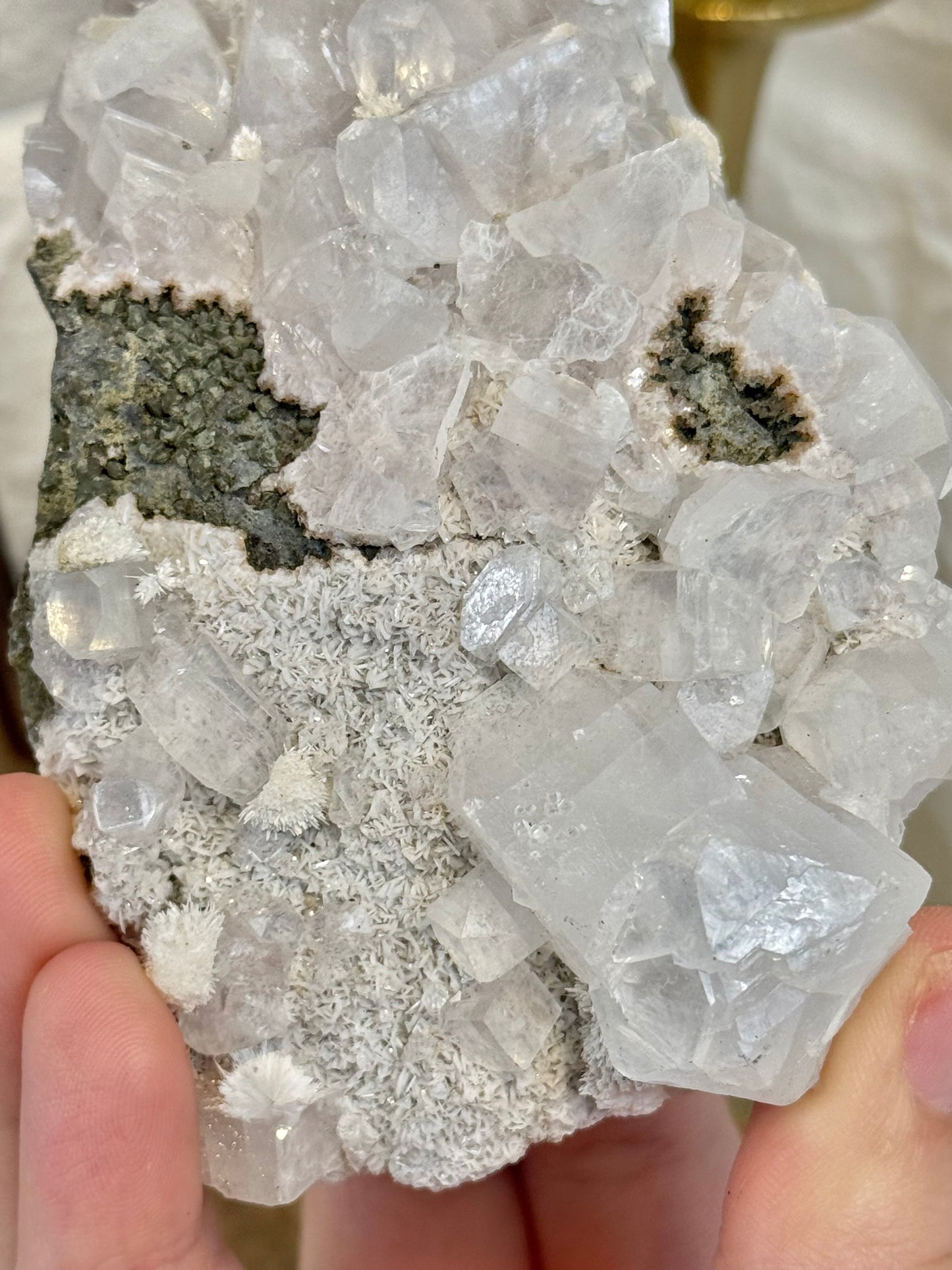 Pale rose apophyllite with mordenite from India