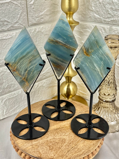 You pick! Blue lemurian aquatine calcite diamonds on black stands