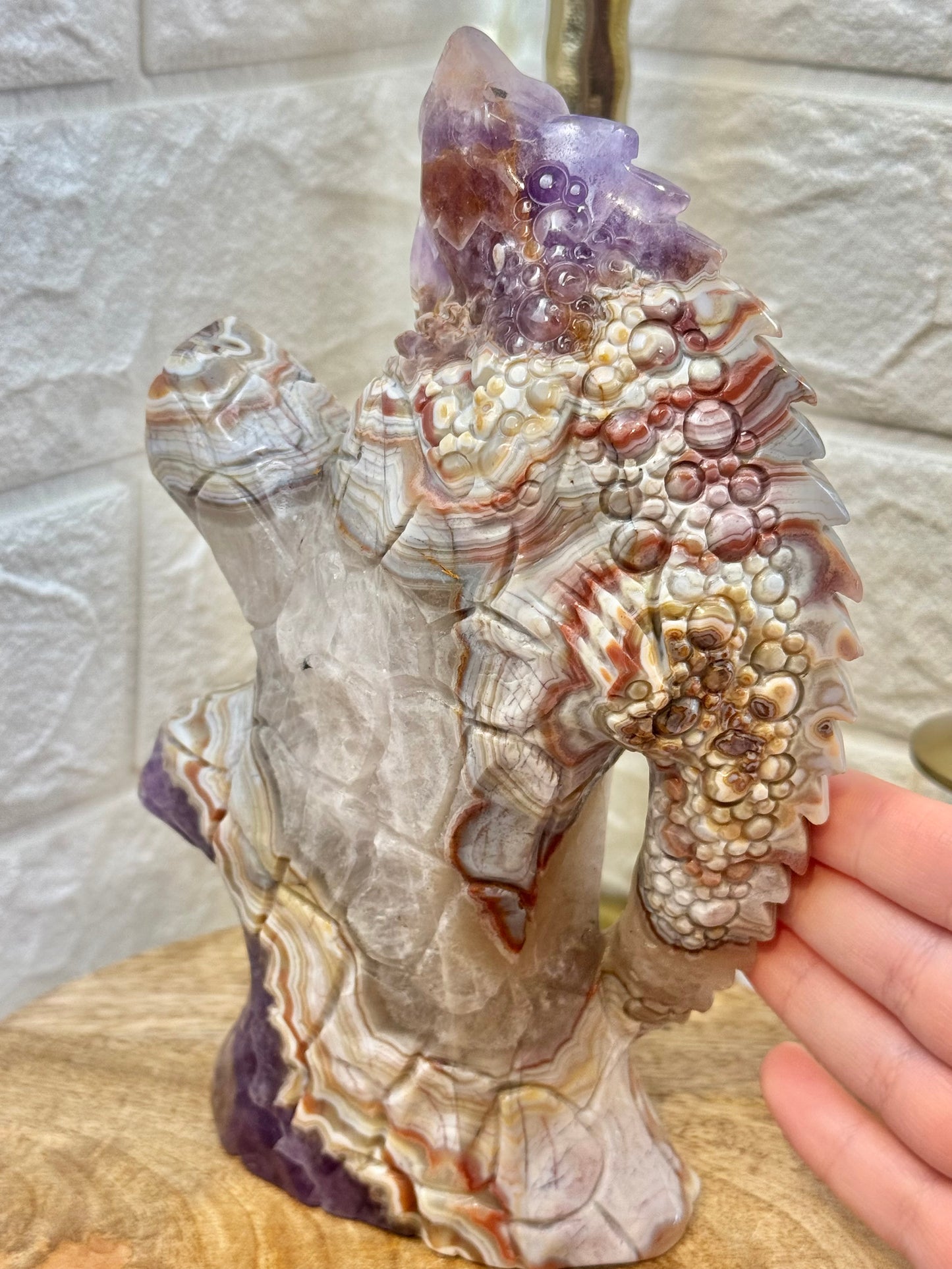 Insane statement amethyst x crazy lace agate lizard on tree branch carving