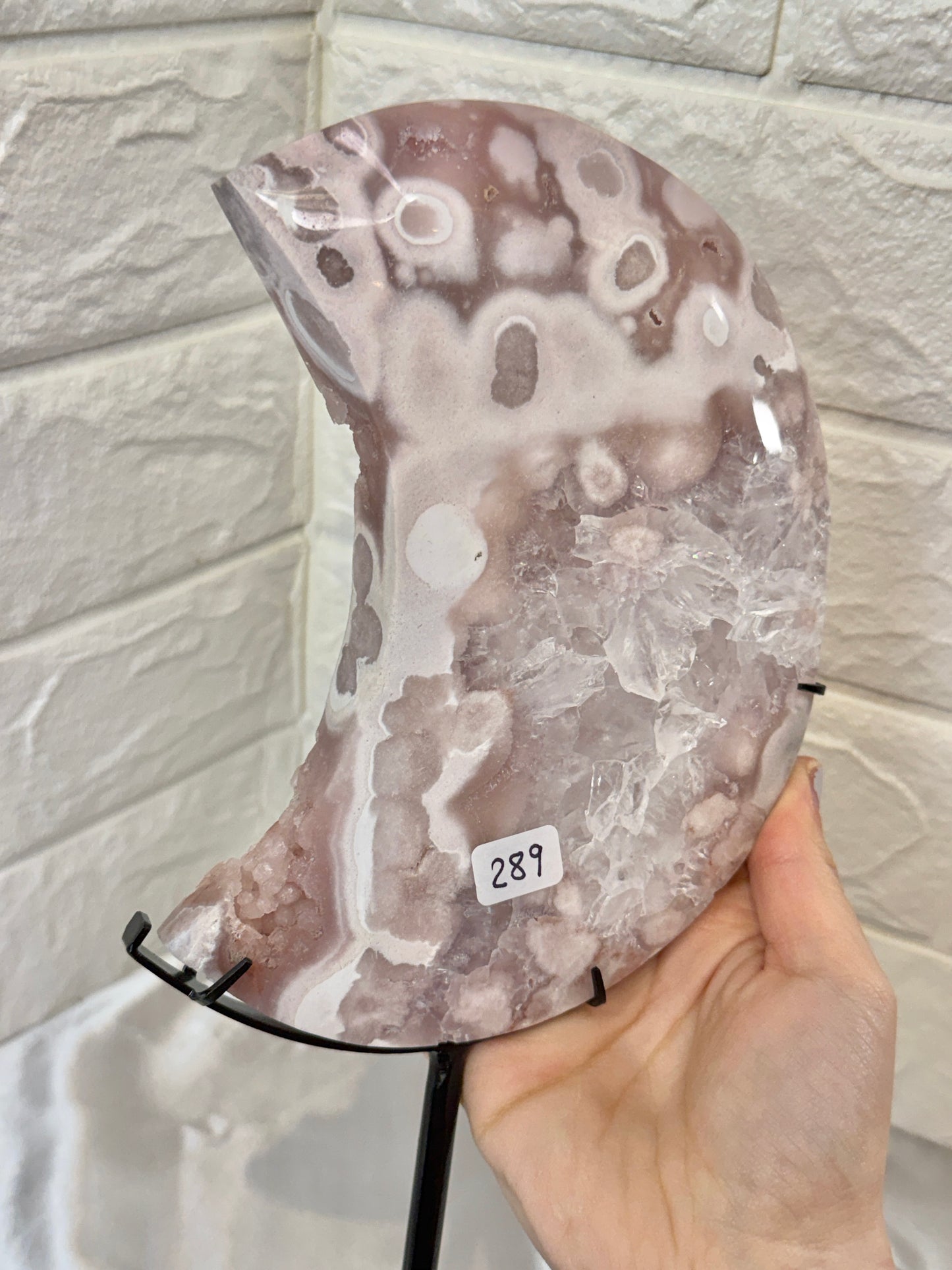 Insane XL pink amethyst x flower agate moon on custom stand with druzy