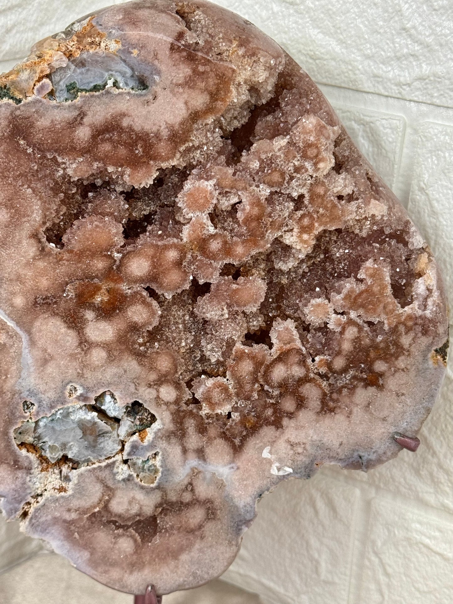 Druzy pink amethyst slab on rose gold stand from Brazil