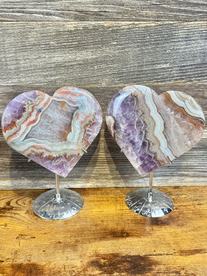 You pick! Amethyst x crazy lace agate heart on silver zodiac stand