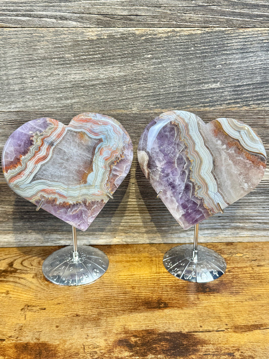 You pick! Amethyst x crazy lace agate heart on silver zodiac stand