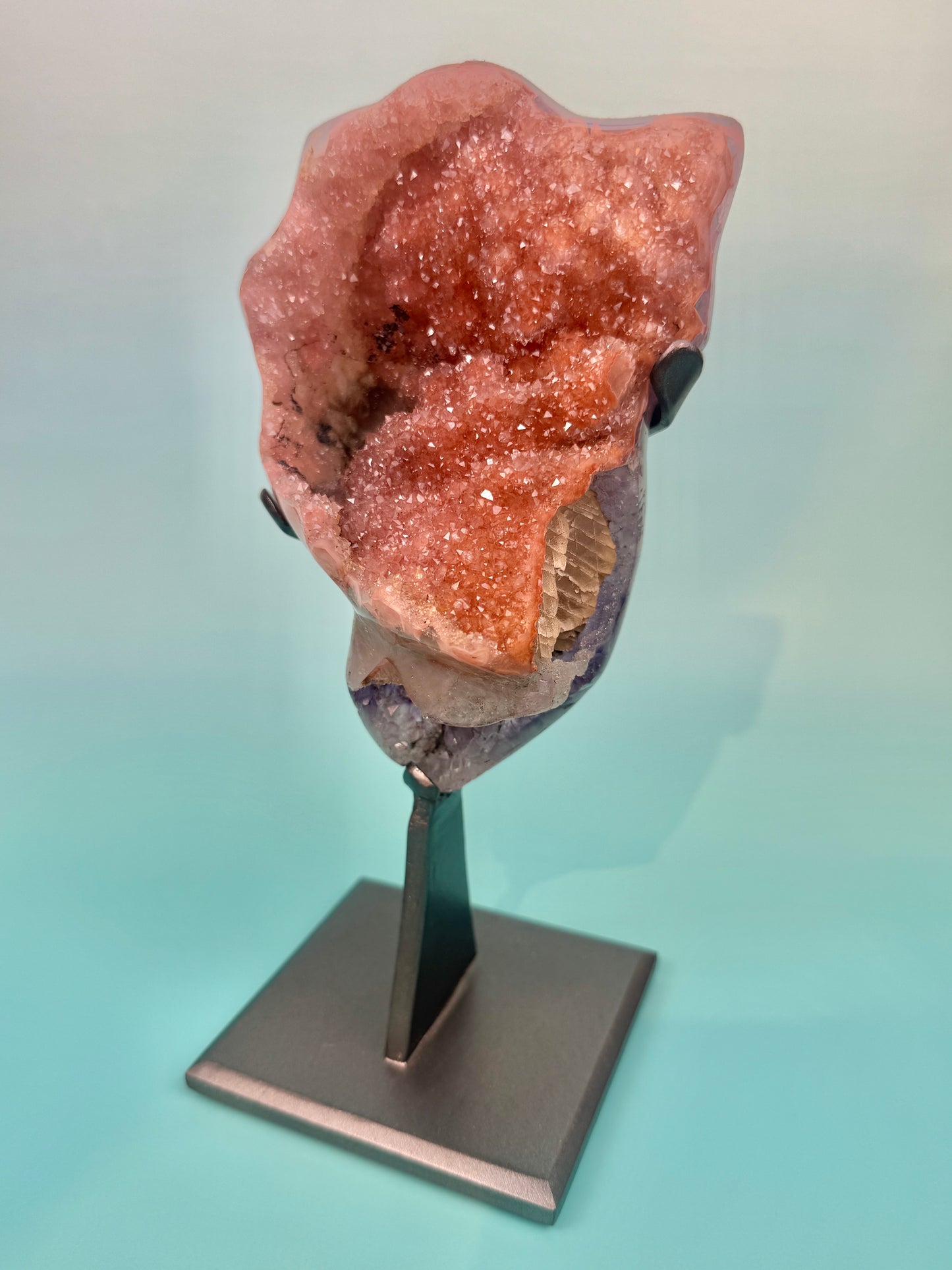 Collectors!! Orange encrusted purple amethyst with calcite inclusion from Uruguay on stand