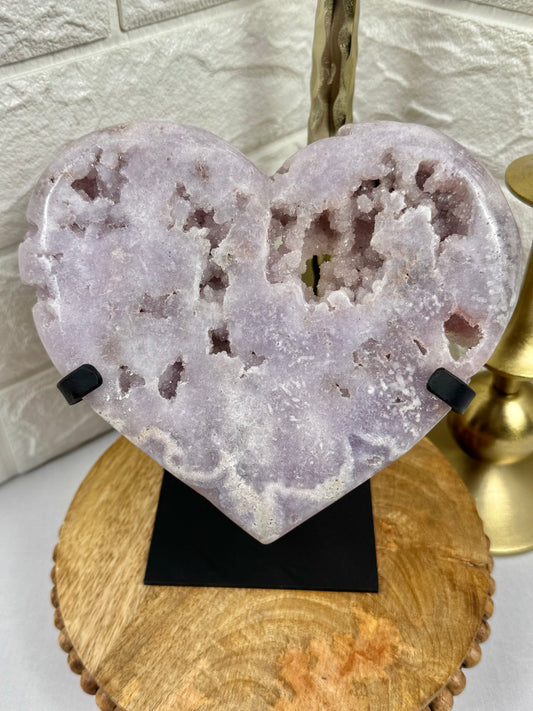 Beautiful lavender druzy amethyst heart on stand from Brazil
