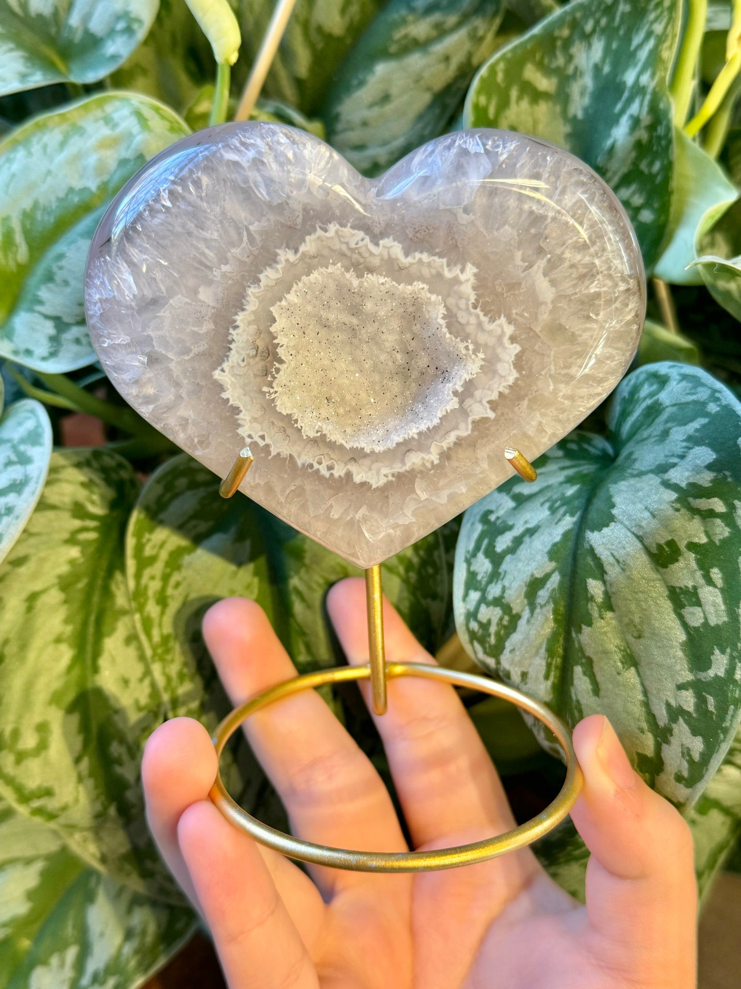 Beautiful druzy agate heart on gold stand from Brazil K