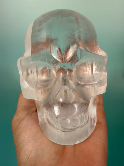 Stunning satin spar skull carving A
