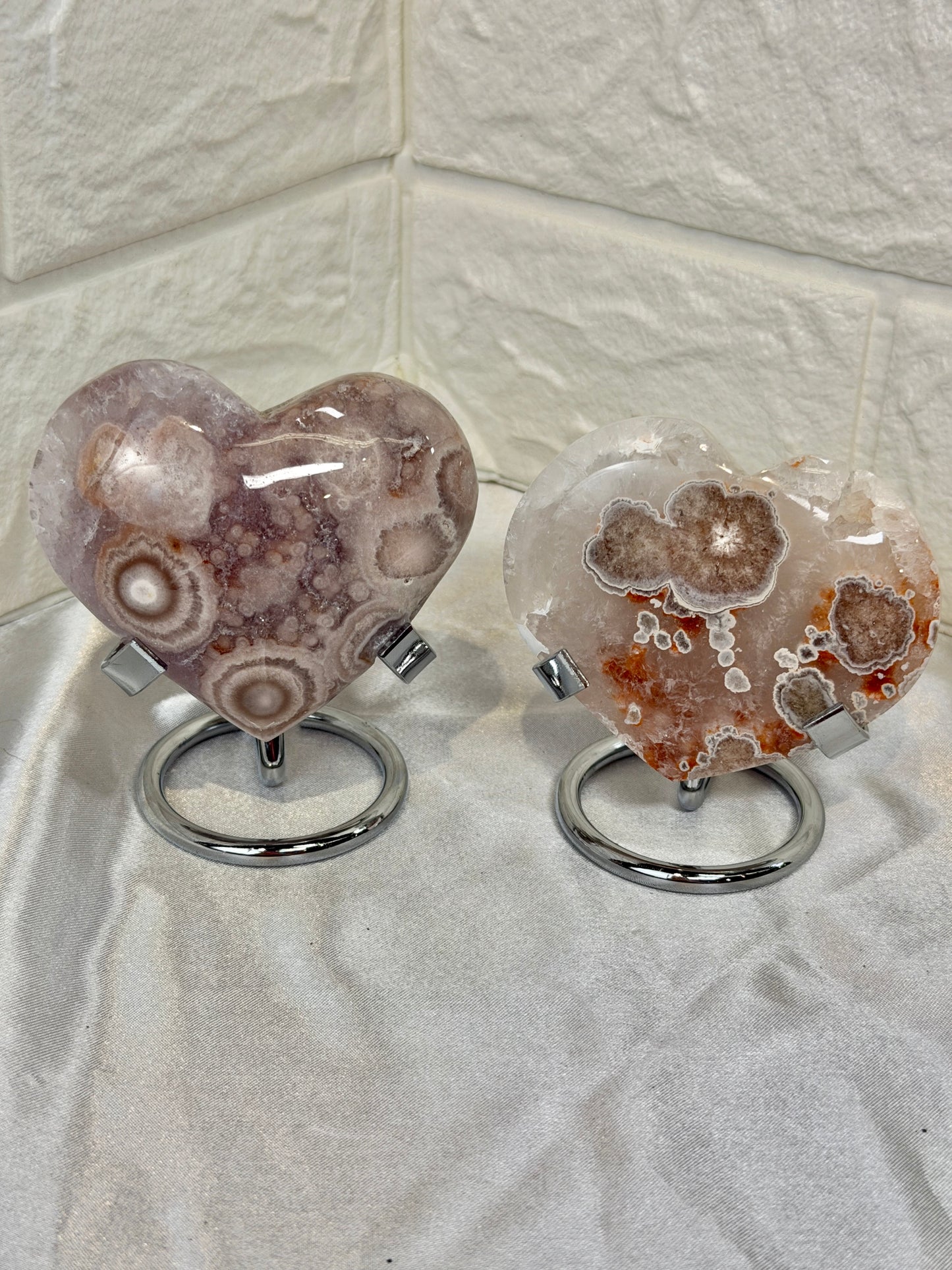 You pick! Pink amethyst flower agate heart on stand