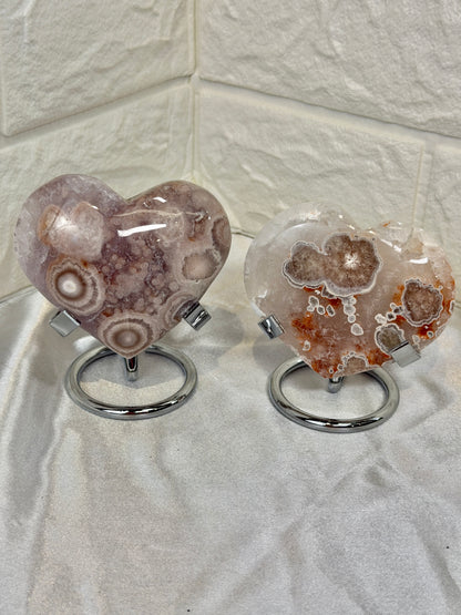 You pick! Pink amethyst flower agate heart on stand