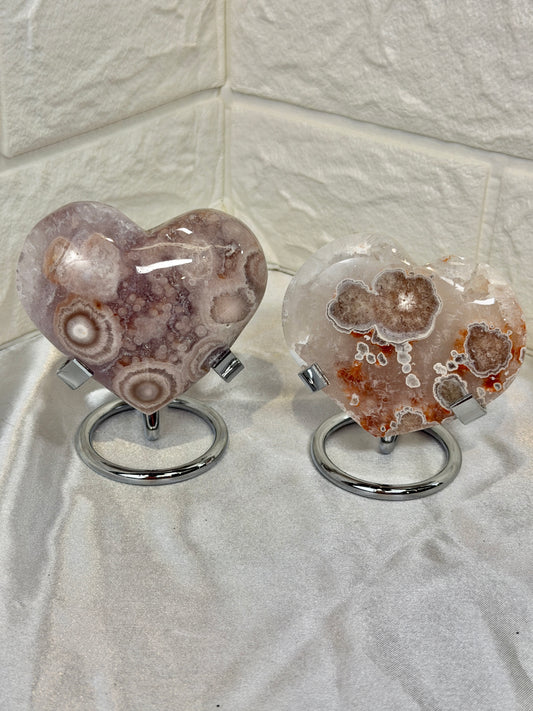 You pick! Pink amethyst flower agate heart on stand