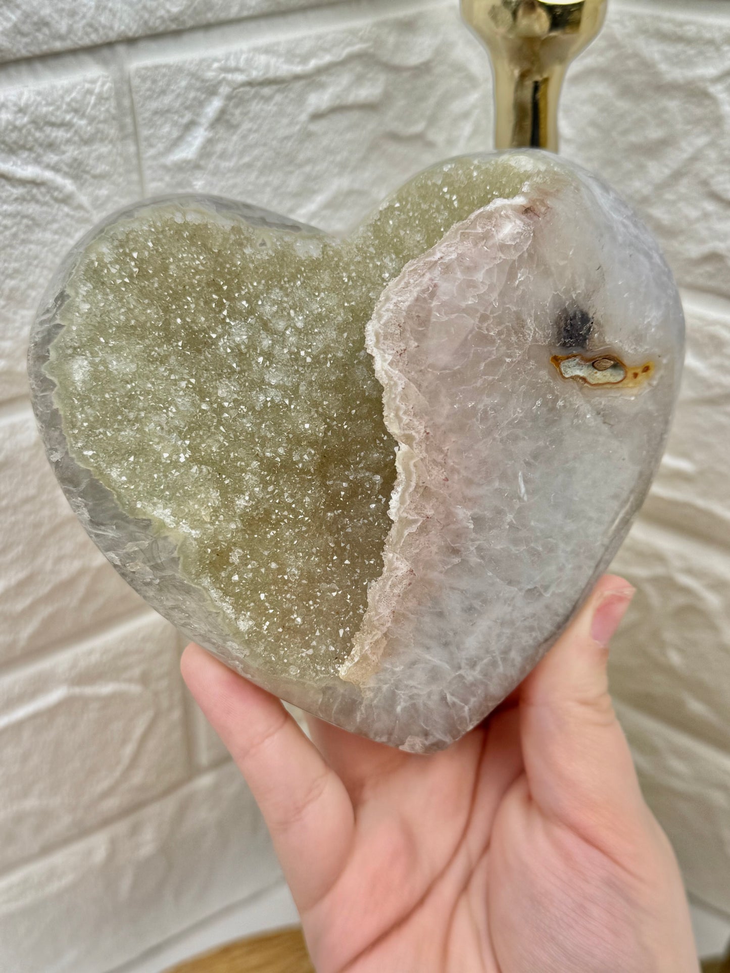 Incredible statement green amethyst x quartz heart on stand from Brazil