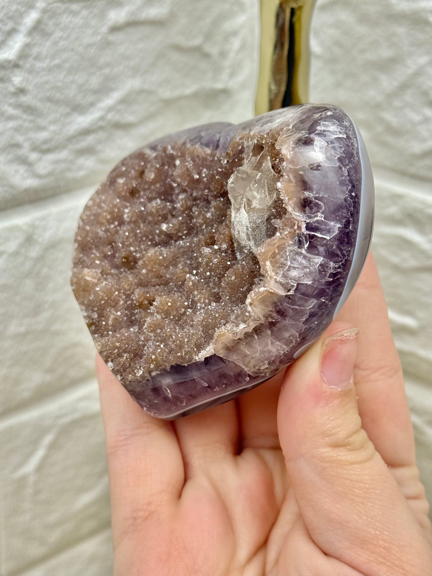 Incredible amethyst heart with calcite on gold stand from Brazil