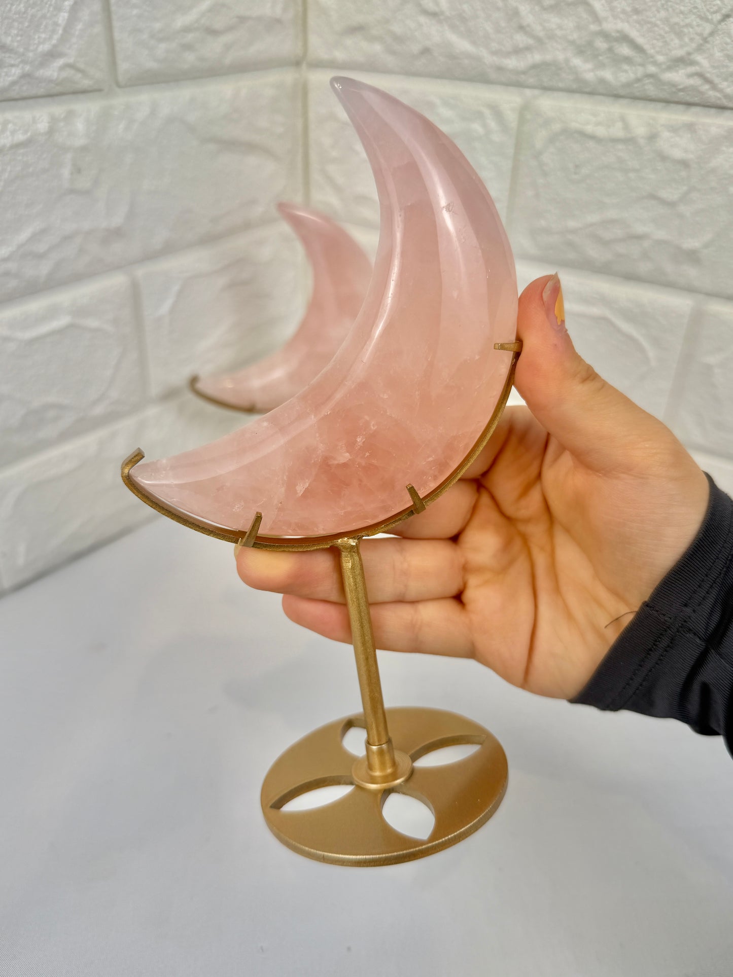 1 juicy rose quartz moon on gold stand