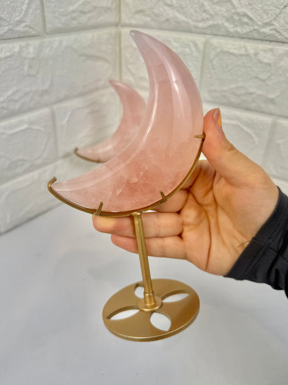 1 juicy rose quartz moon on gold stand