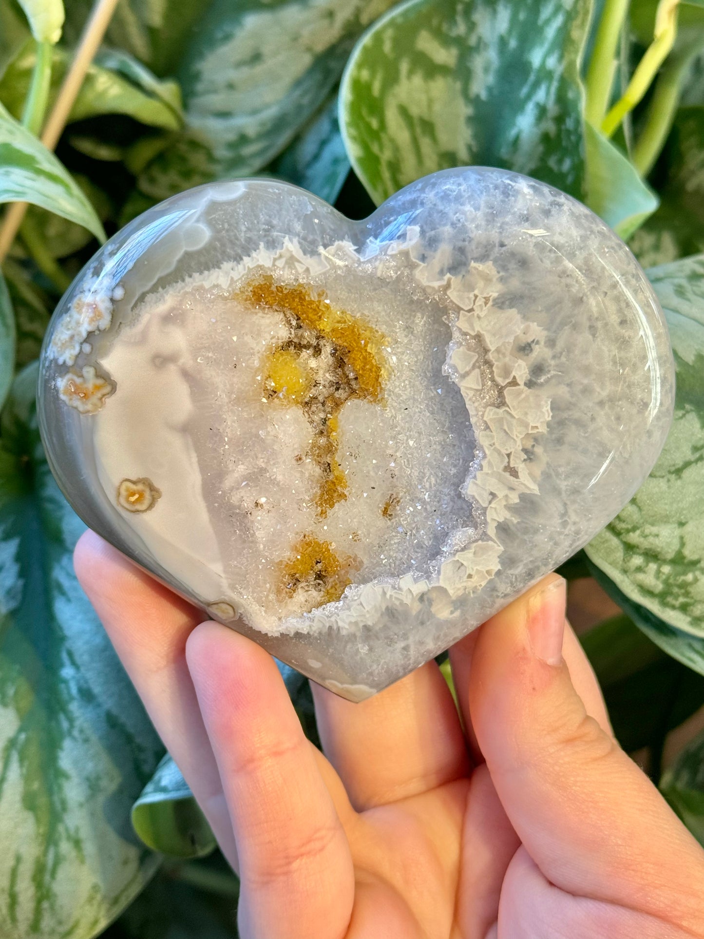 Beautiful druzy agate heart on gold stand from Brazil Z