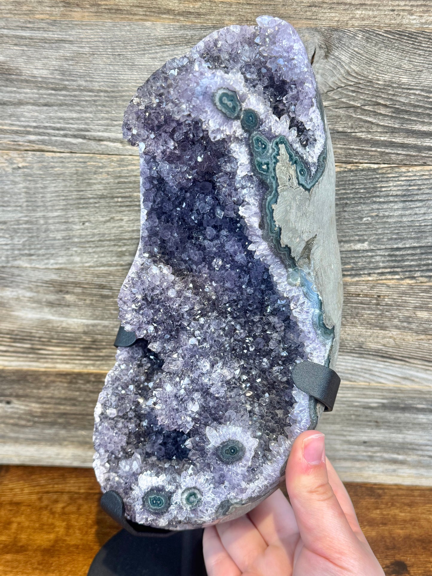 XXL amethyst with stalactites on custom stand from Uruguay