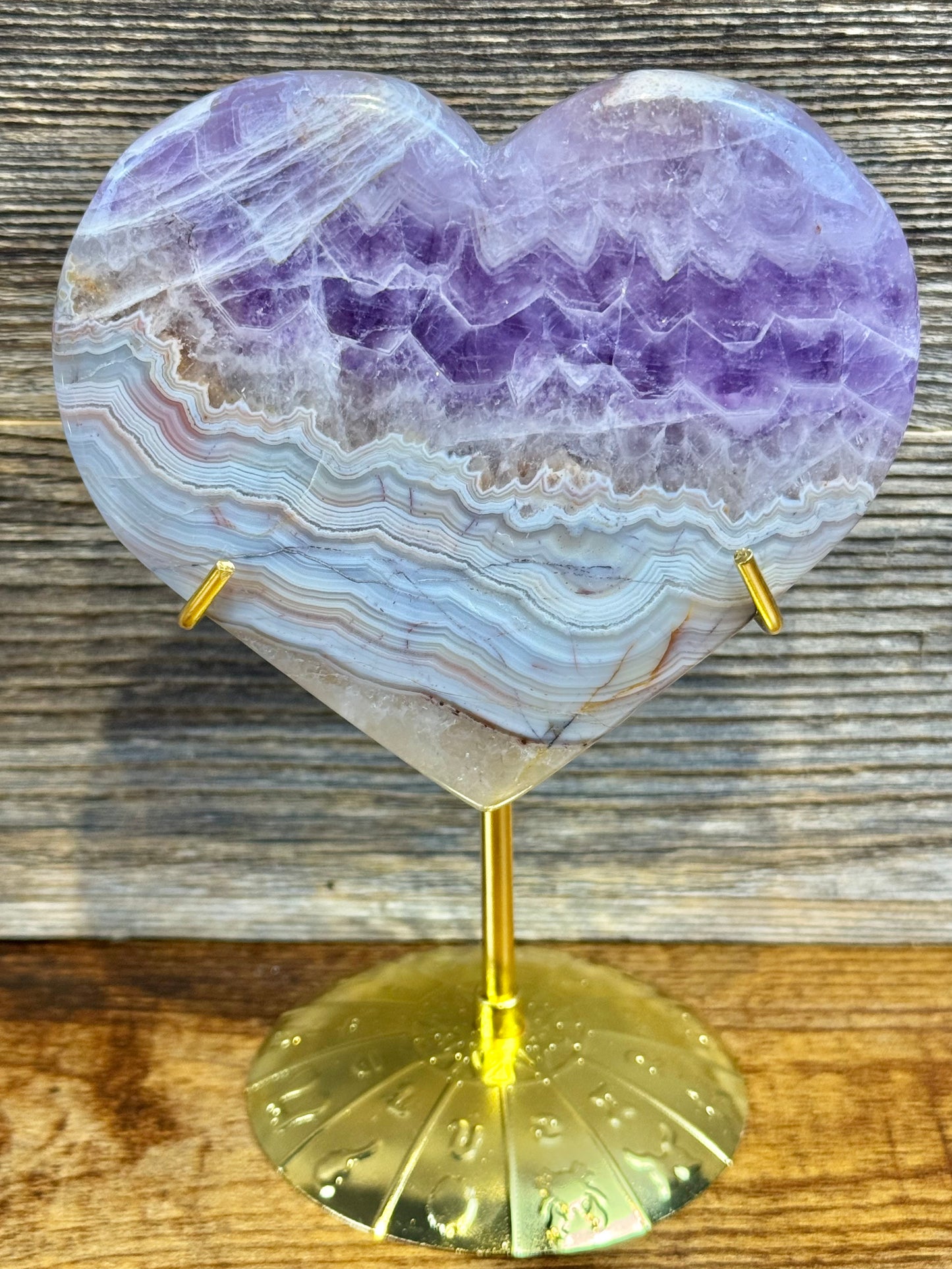 Amethyst x crazy lace agate heart on gold zodiac stand N