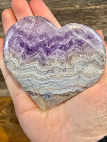 Amethyst x crazy lace agate heart on gold zodiac stand N