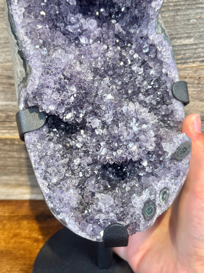 XXL amethyst with stalactites on custom stand from Uruguay