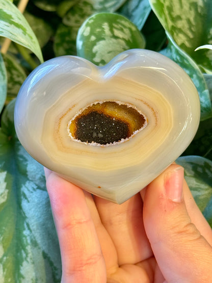 Beautiful druzy agate heart on gold stand from Brazil H