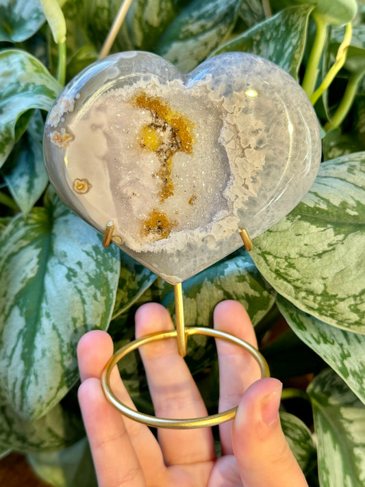 Beautiful druzy agate heart on gold stand from Brazil Z