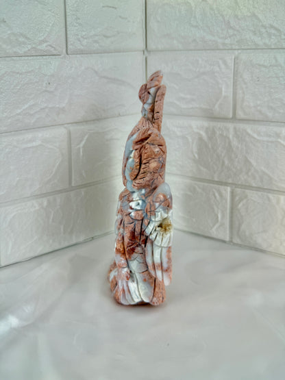 incredible statement cotton candy agate owl/flower carving