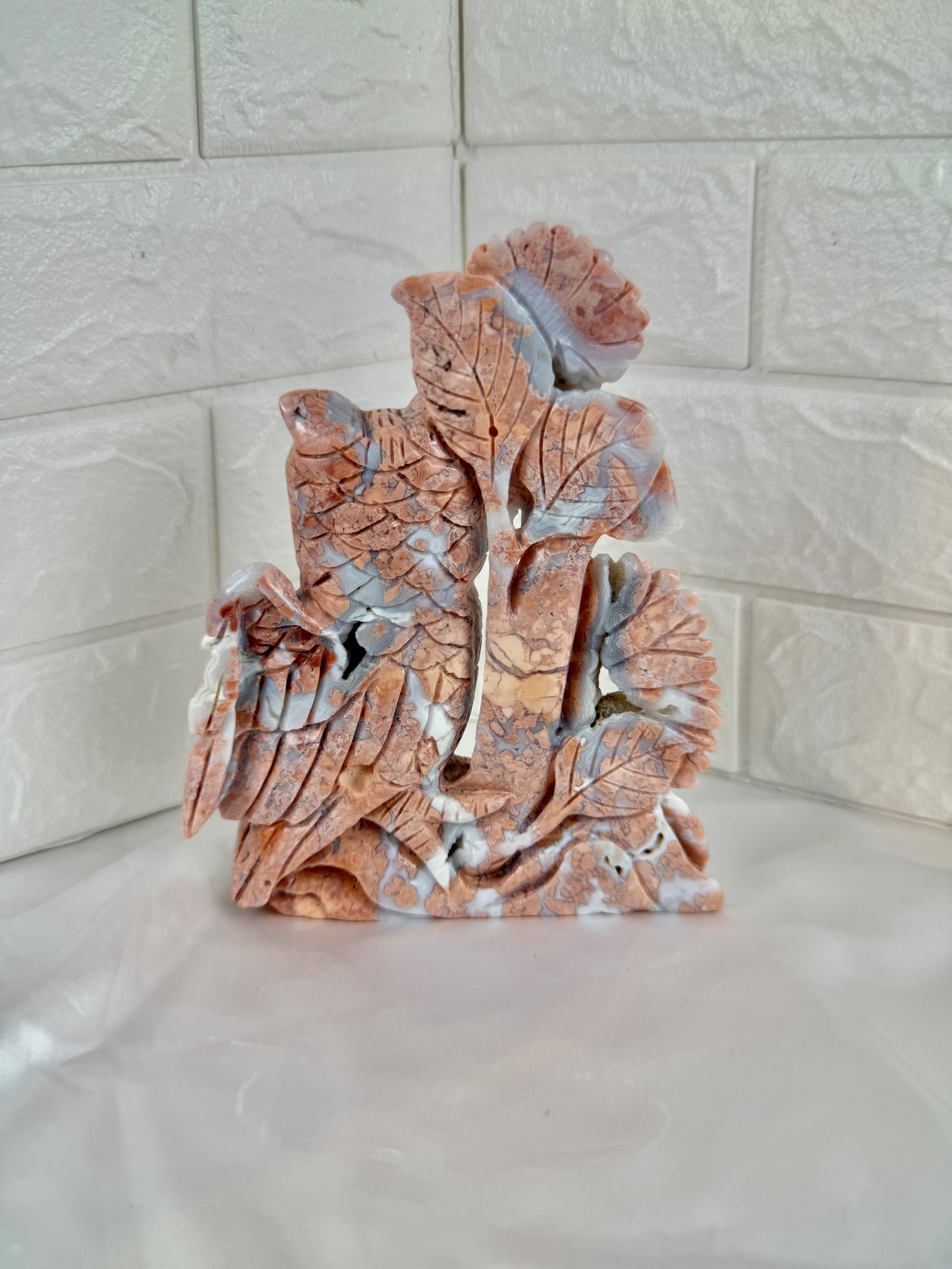 incredible statement cotton candy agate owl/flower carving