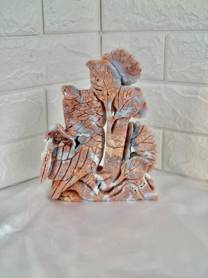 incredible statement cotton candy agate owl/flower carving