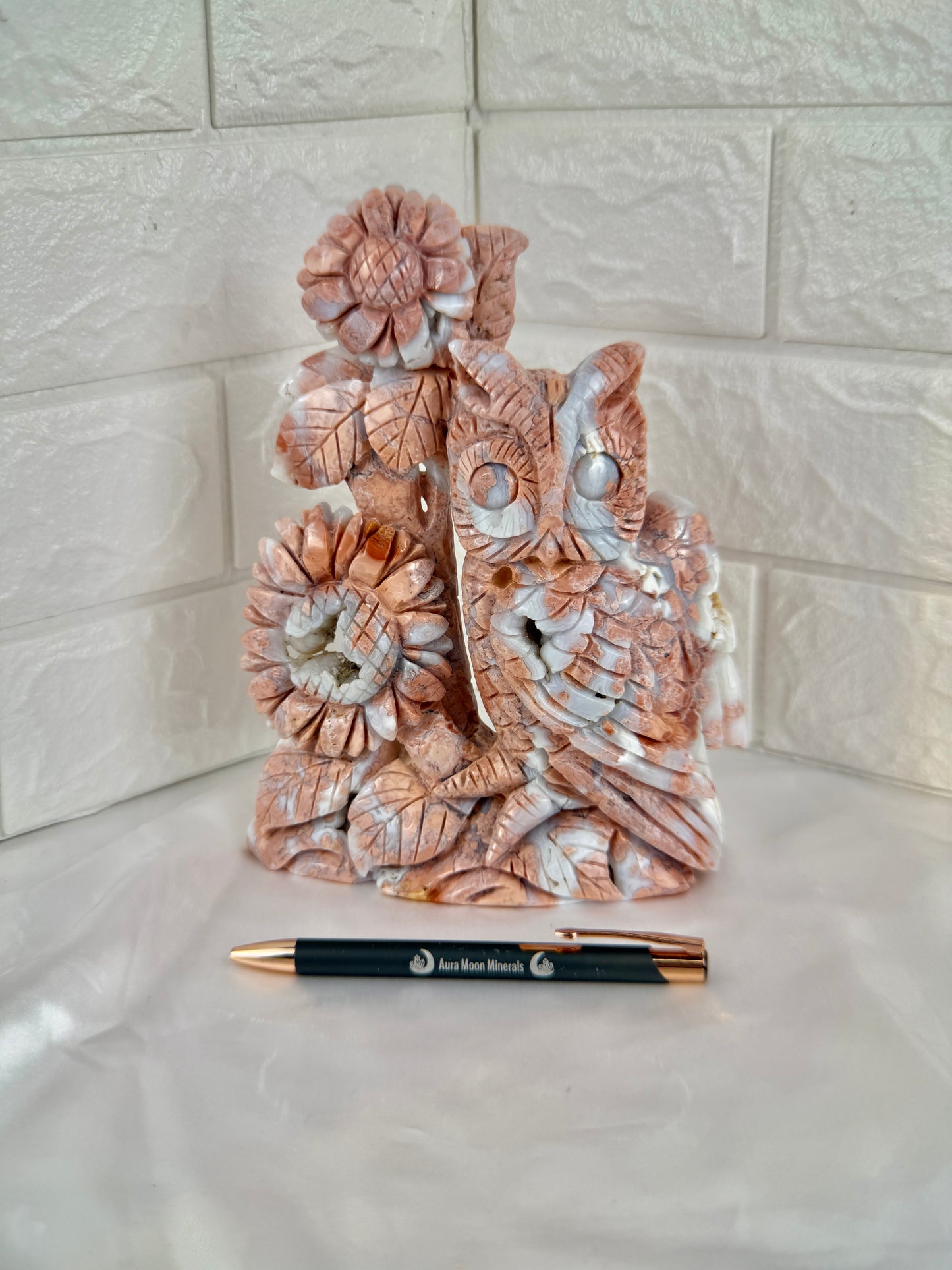 incredible statement cotton candy agate owl/flower carving