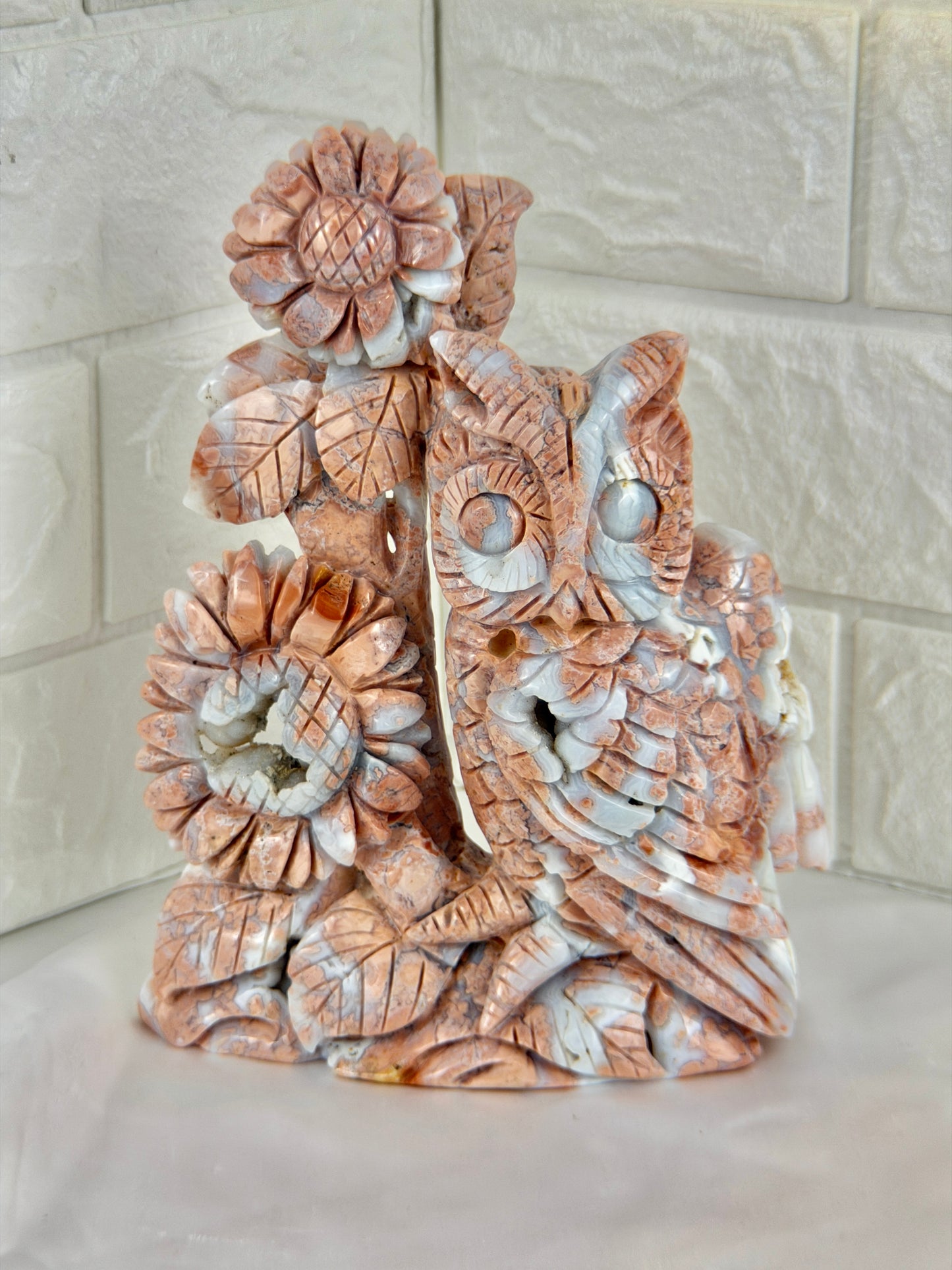 incredible statement cotton candy agate owl/flower carving