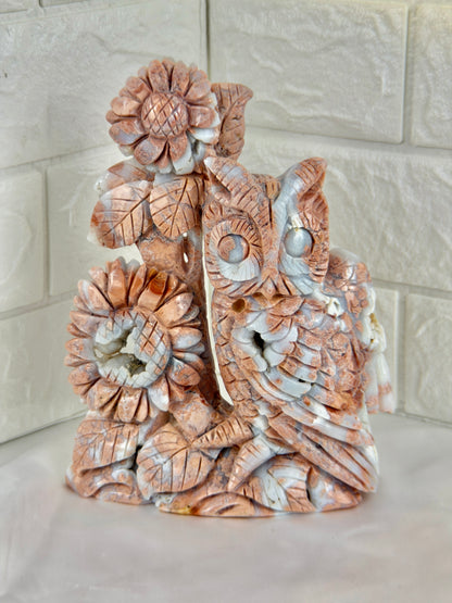 incredible statement cotton candy agate owl/flower carving