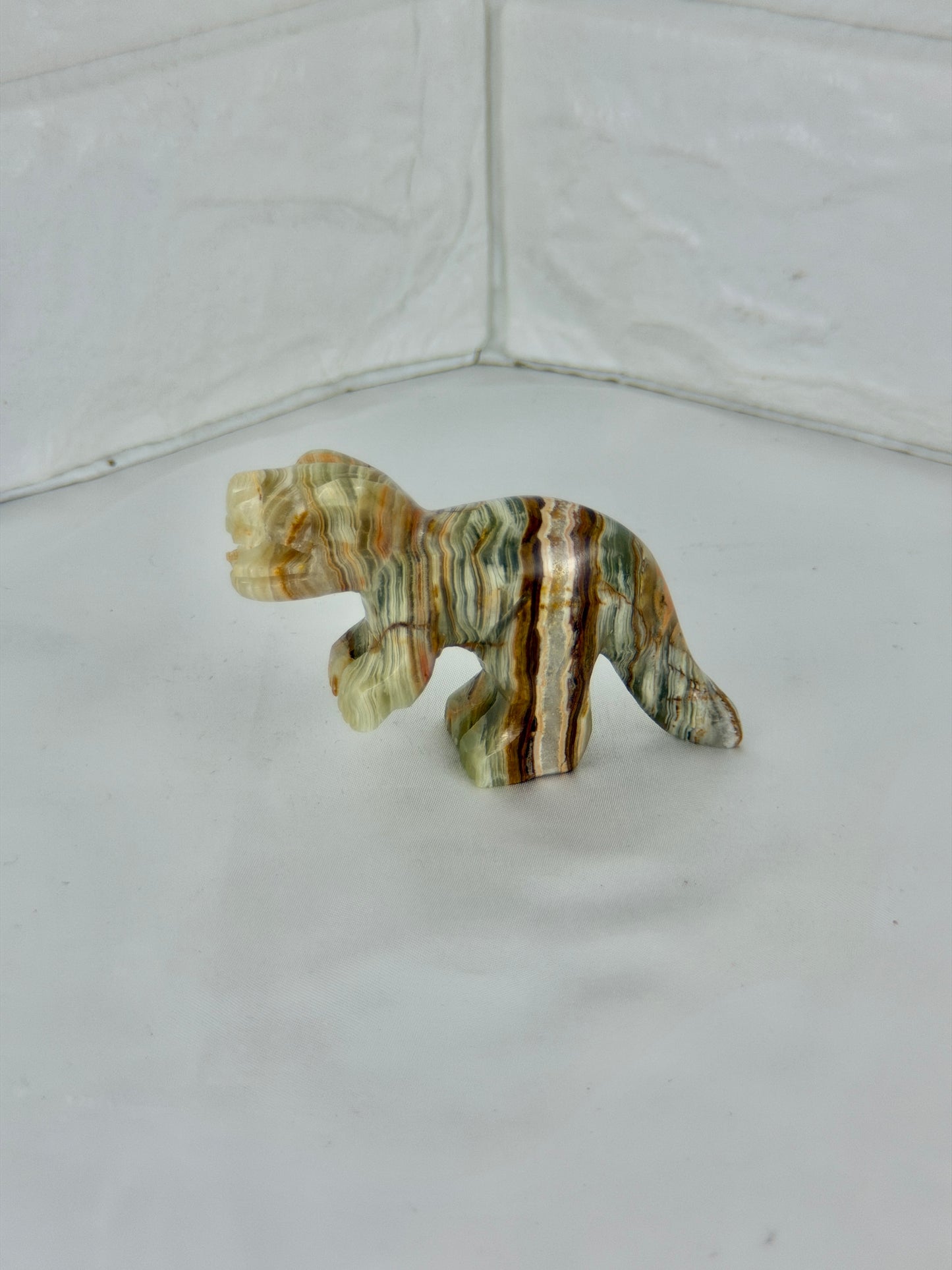 1 green calcite T-rex carving