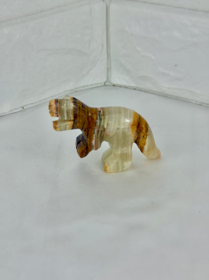 1 green calcite T-rex carving
