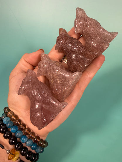1 strawberry quartz wolf carving