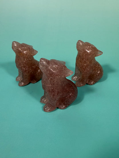 1 strawberry quartz wolf carving
