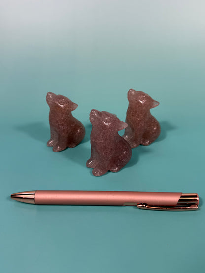 1 strawberry quartz wolf carving