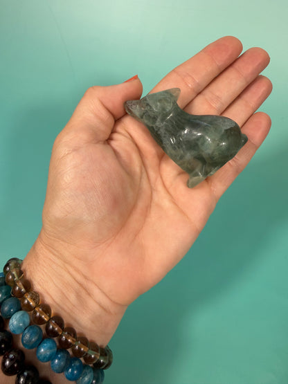 green fluorite wolf carving